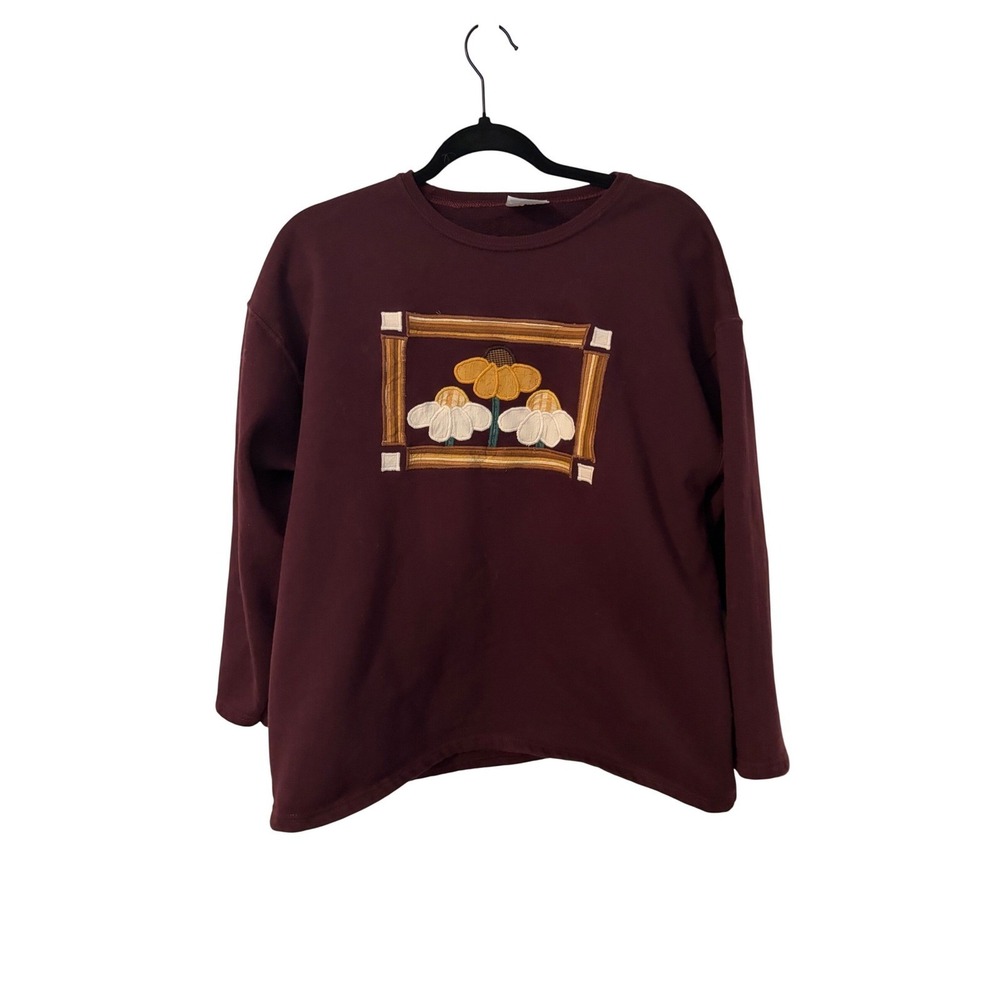 Vintage Sweatshirt Women Large Burgundy Floral Applique NuBlend‎ Pullover